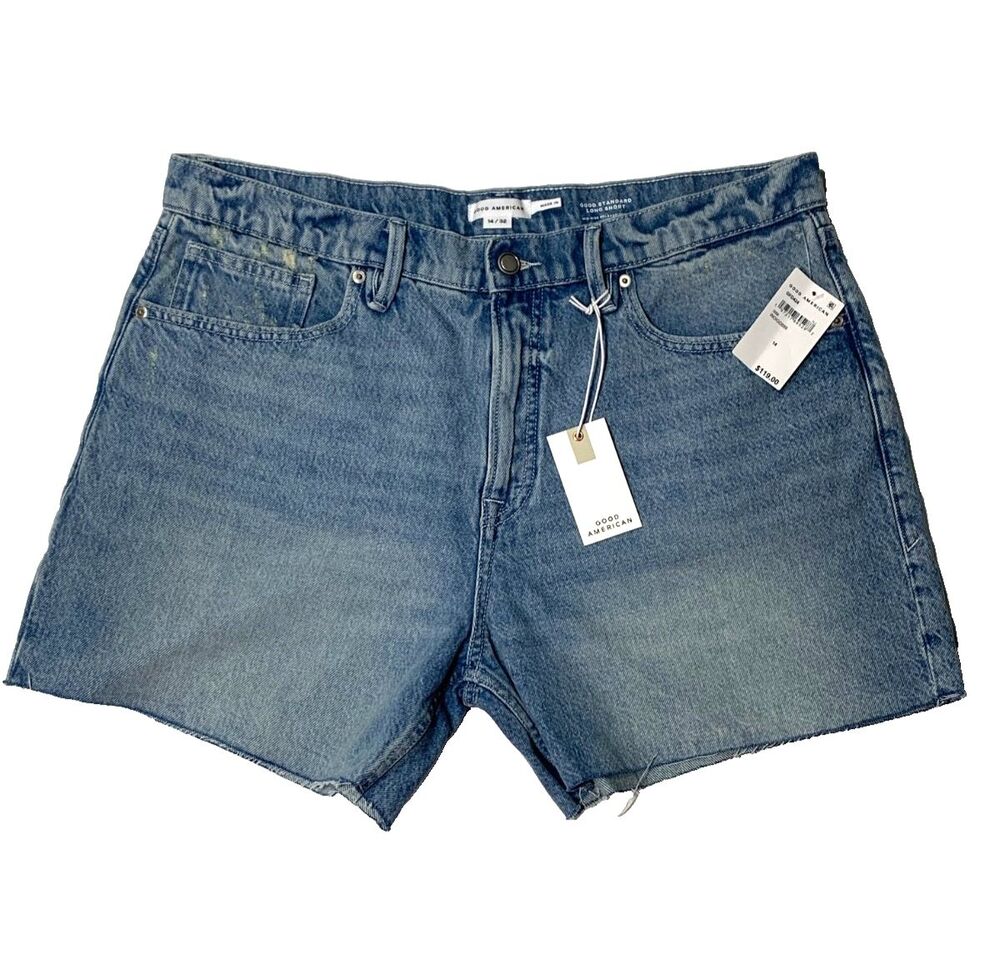 Good American Good Standard Long Denim Shorts 14 NWT Mid Rise Cutoff Tummy Tech
